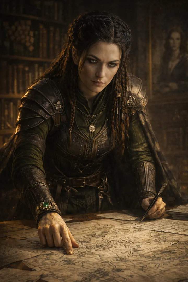 Princess Alicia, dark-haired in leather armour, leaning over a map by candlelight