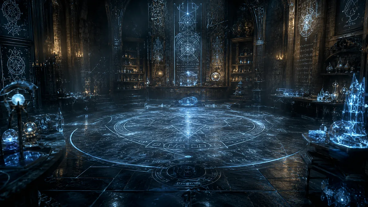 The Casting Lab: a vaulted chamber where a glowing blue circle of runes lights the floor