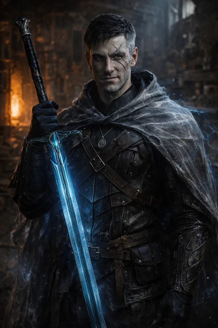 Duncan, a scarred soldier in a dark cloak holding a faintly glowing blue longsword