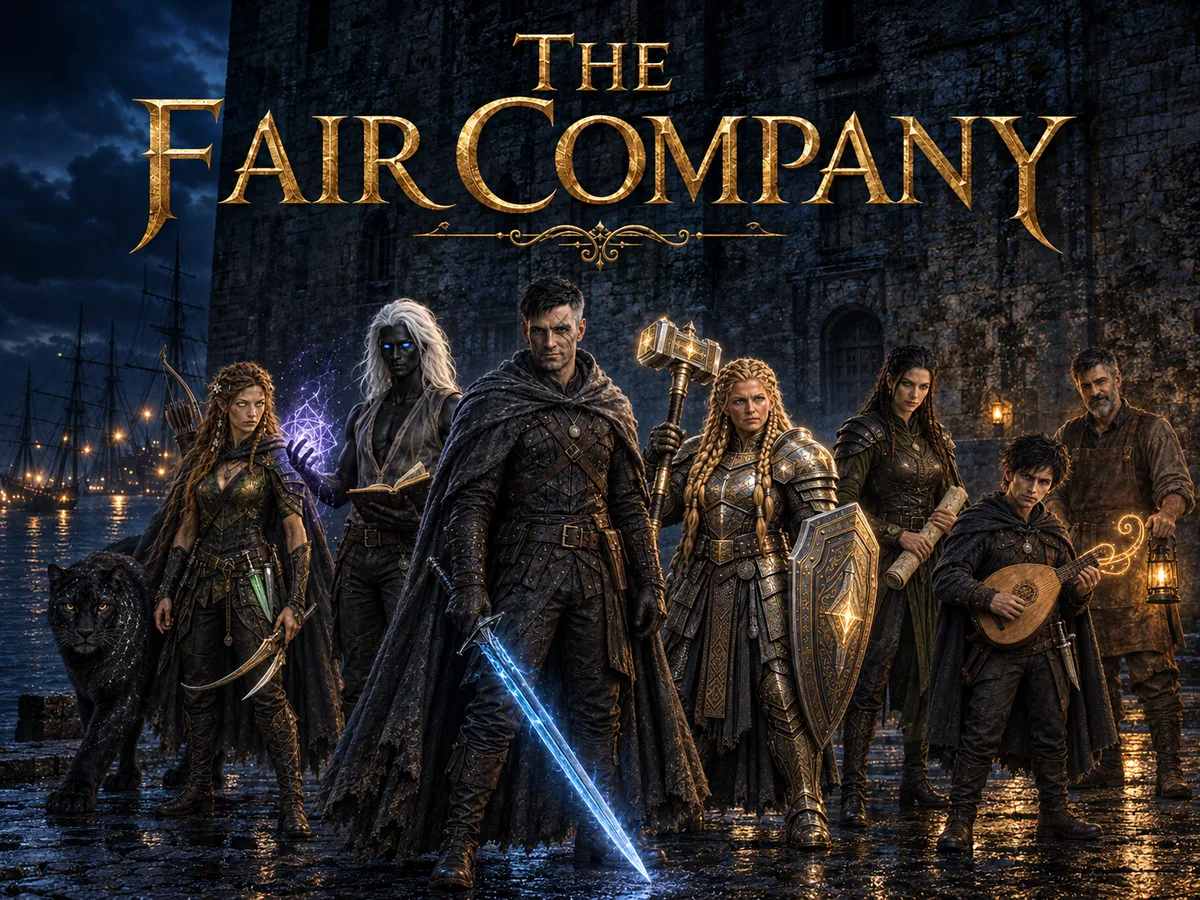 Cover art: The Fair Company — a band of adventurers walking out of a rain-dark city