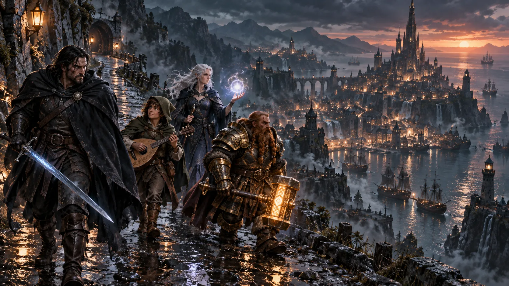 Concept art: four adventurers on a rain-slick cliff road at dusk, overlooking a lamplit harbour city
