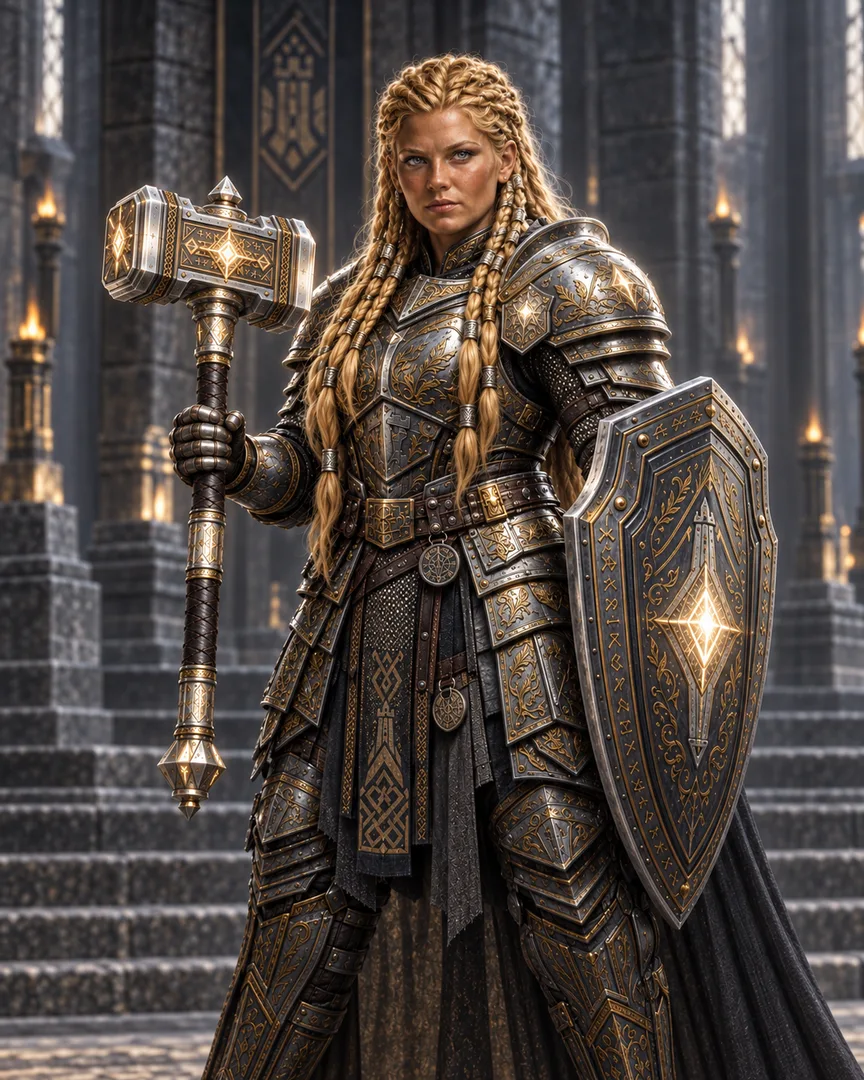 Kildrak Stoneheart, a dwarven cleric in rune-engraved steel and gold plate, holding the warhammer Mercy and a star-marked shield
