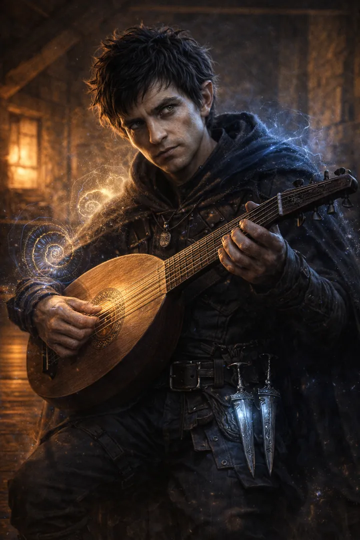 Pip Quickfingers Reed, a young hooded rogue playing a lute, blades at his belt