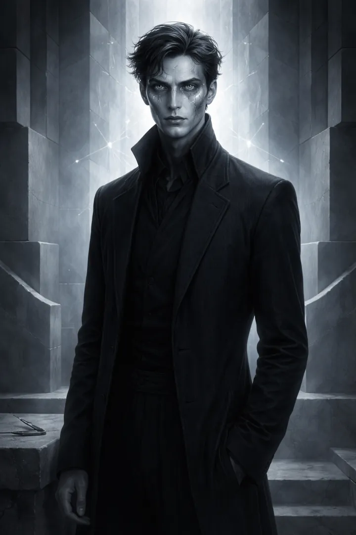 Vaelor, a pale, still figure in a black coat standing in a hall of white geometric light