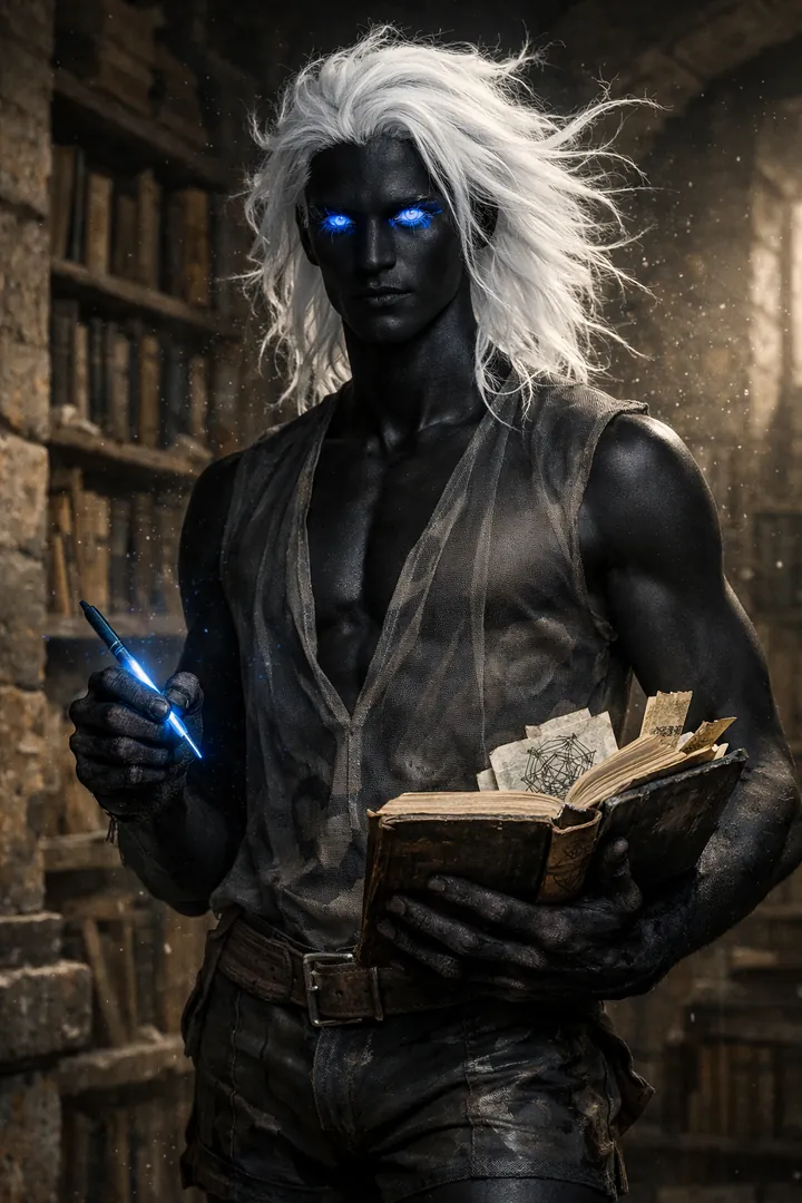 Valen Ceyla, a white-haired mage holding a glowing quill and an open book in a library