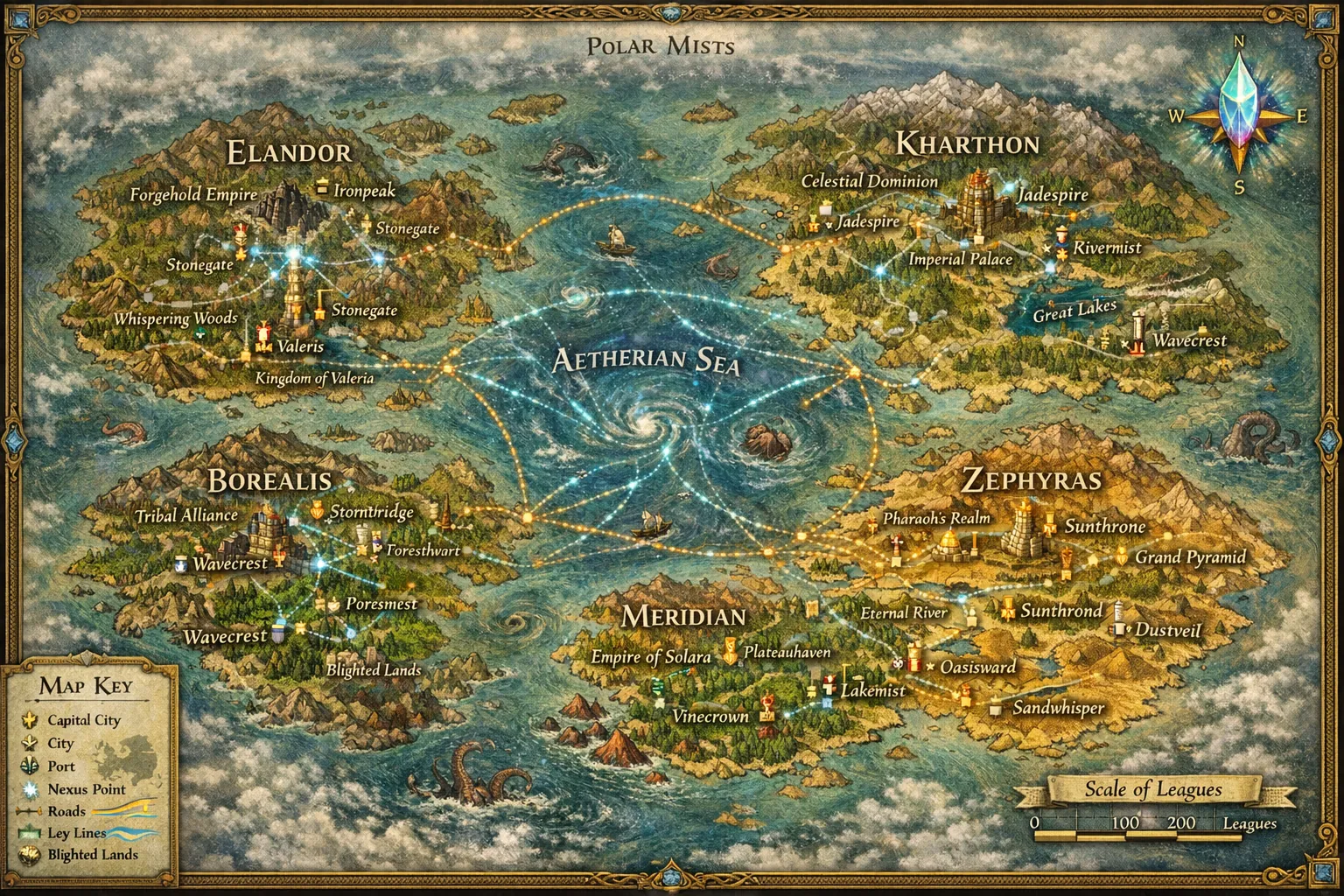 Illustrated map of Piran Murs: five continents — Elandor, Kharthon, Borealis, Zephyras and Meridian — arranged around the glowing Aetherian Sea