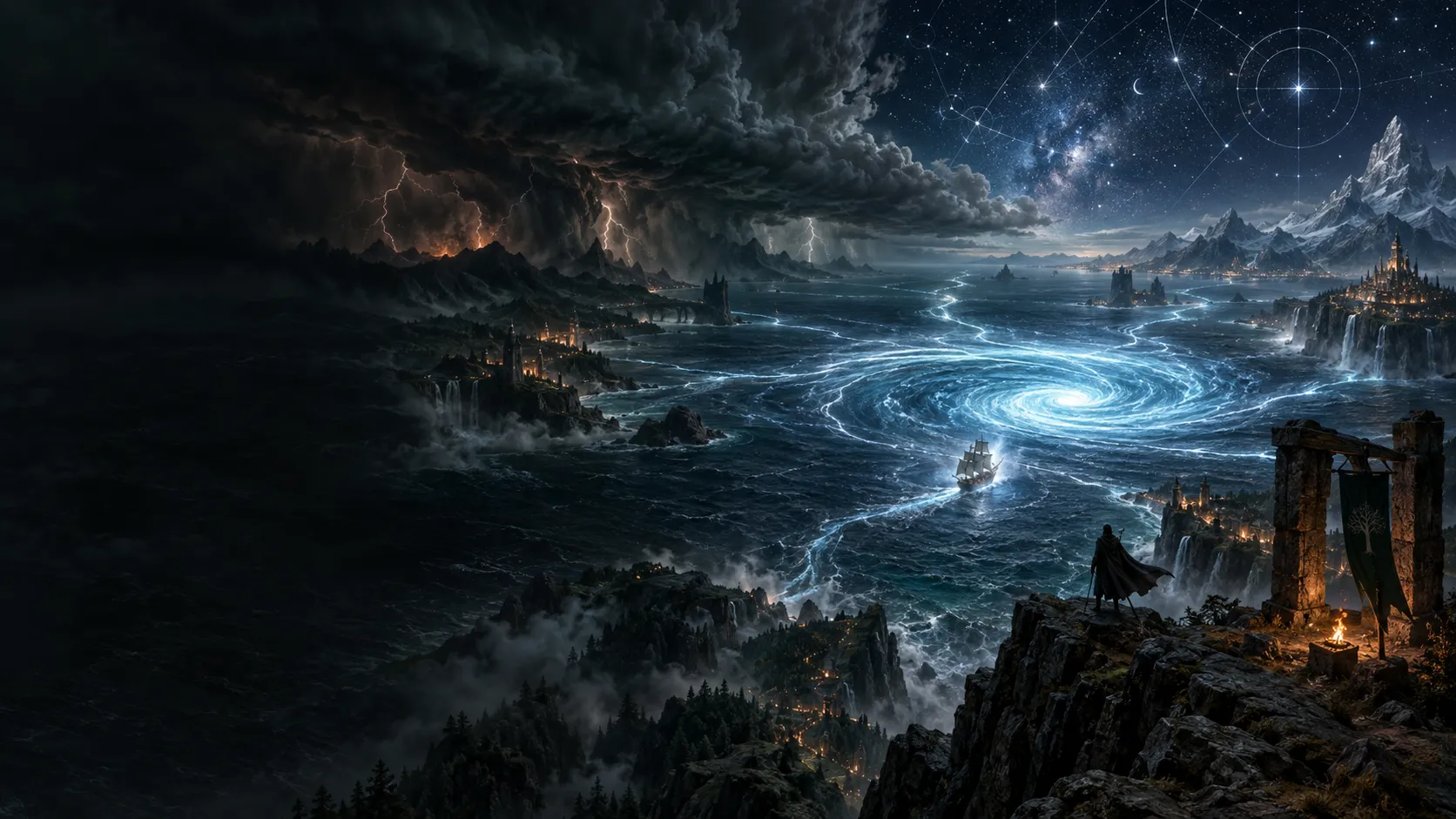 The glowing whirlpool nexus of the Aetherian Sea, ley lines of light running to distant continents