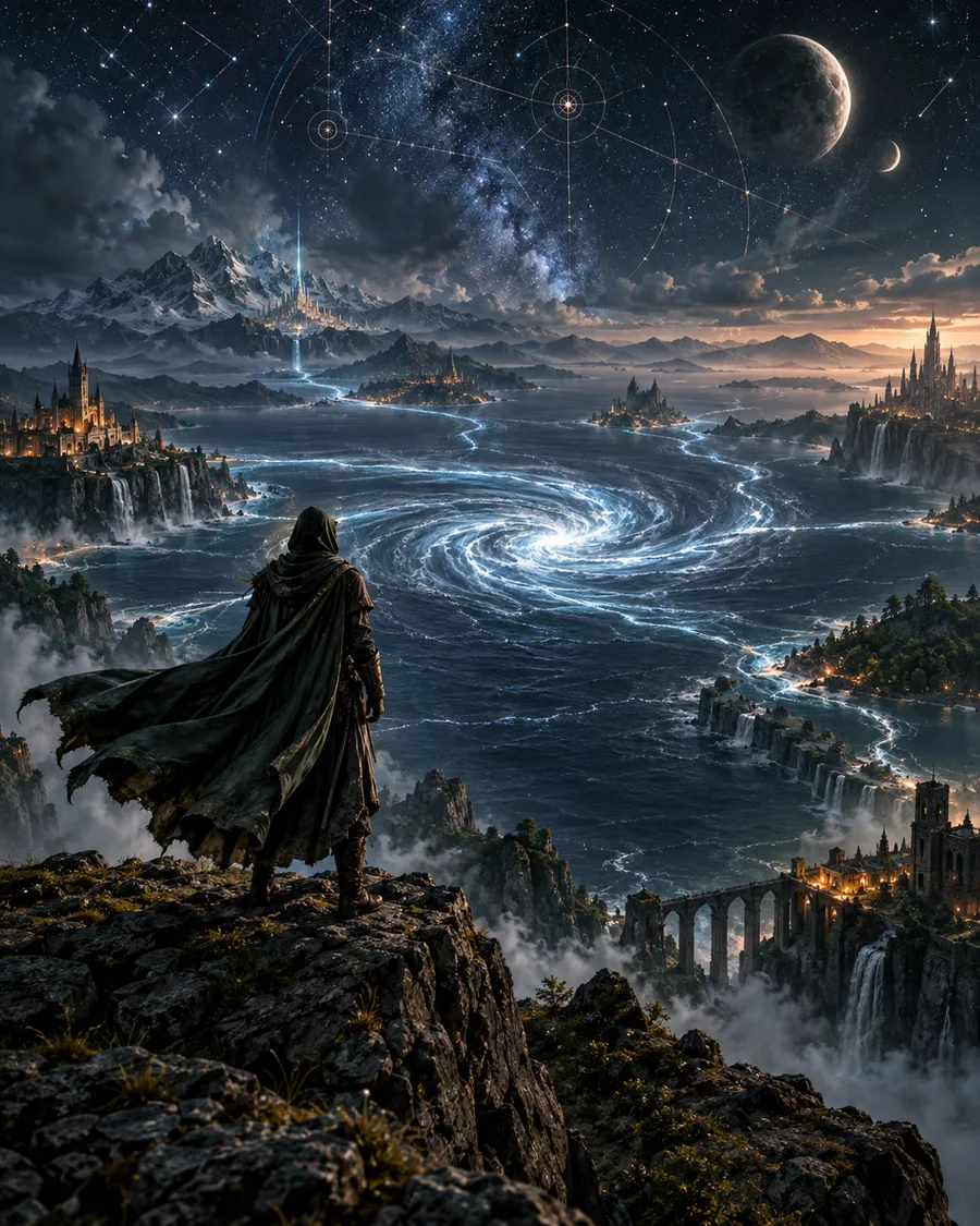 A cloaked traveler on a cliff above the glowing nexus of the Aetherian Sea