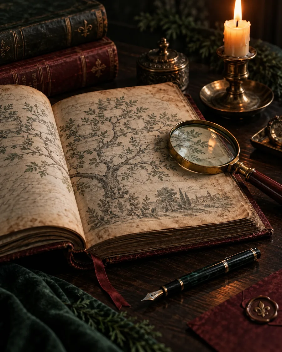 An open family history book by candlelight