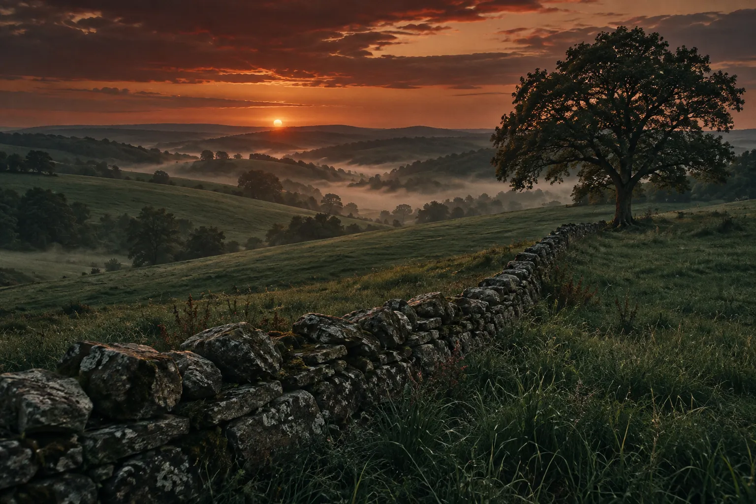 Rolling Kentucky hills at dusk with an old dry-stone fence and a lone oak