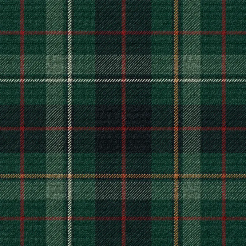 Close-up of woven Kinkead tartan in pine, charcoal, red and copper