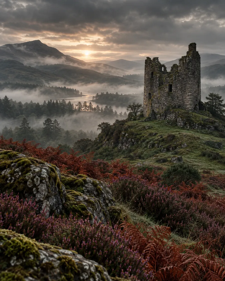 A ruined tower house in a misty Stirlingshire glen